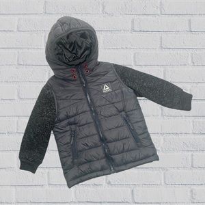 Reebok 2T Gray Puffer Jacket, Hooded Full-Zip Vest With Sleeves, Activewear